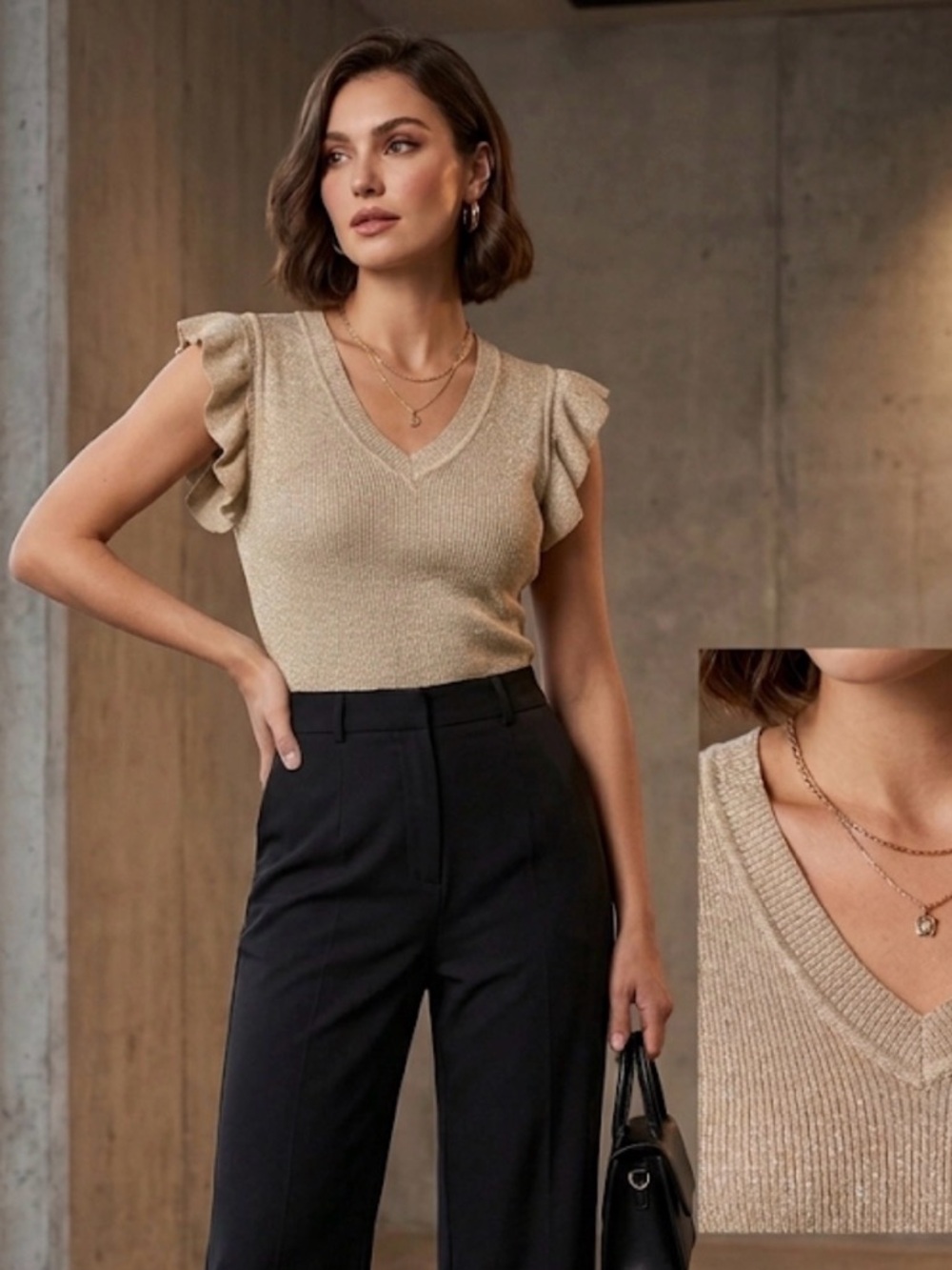 Nanette Lepore Gold Knit Ruffle-Sleeve V-Neck Top